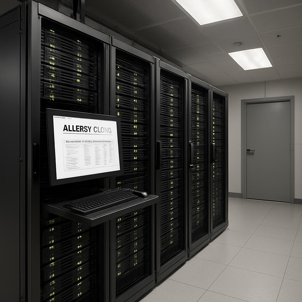 A server room with a computer and a closed door. The computer screen displays a list of servers.