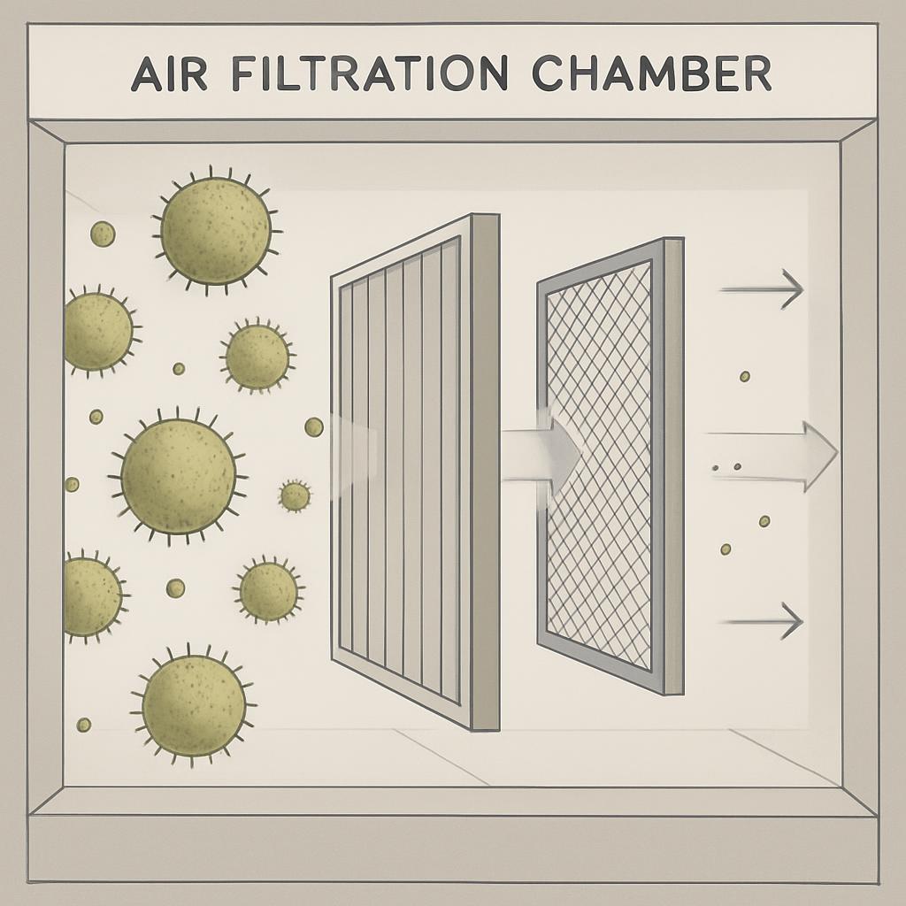 An air filtration chamber with arrows pointing to and from the chamber's grates, illustrating the transmission of particle...