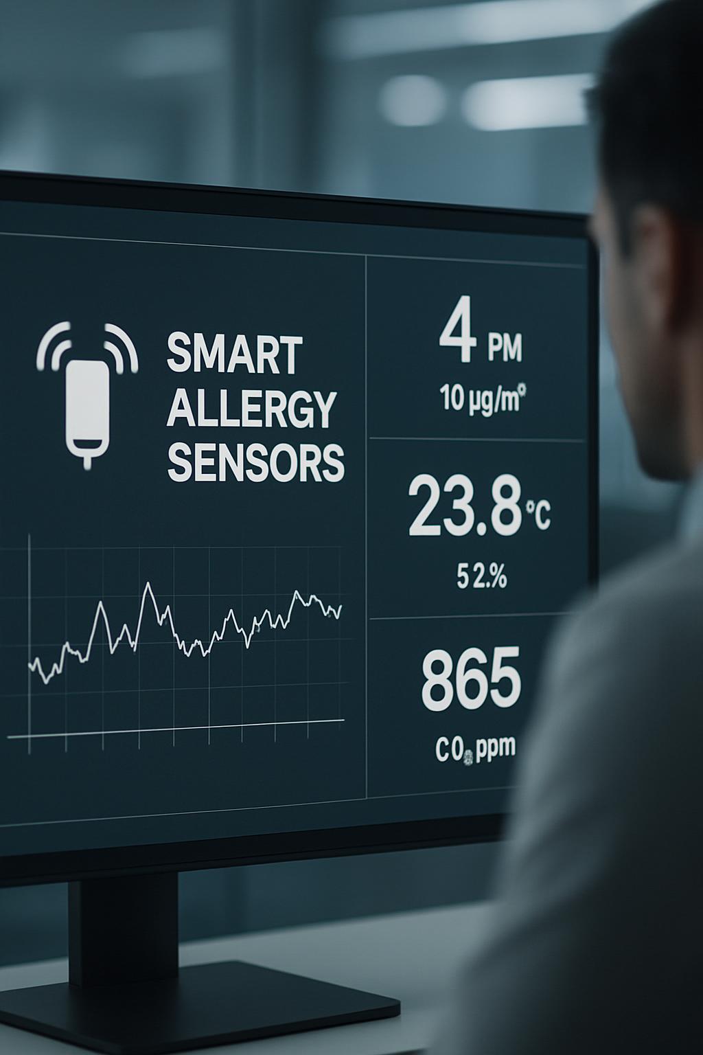 A monitor displaying allergen levels, temperature, and CO2 levels. A graph shows the level of allergens over time.